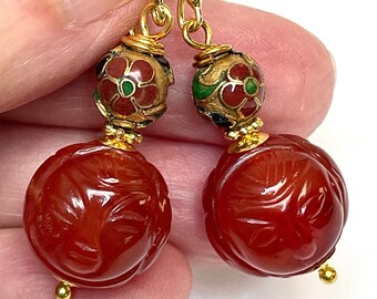 Vintage CARNELIAN Chinese Carved BUDDHA Dangle Drop Bead Earrings,Vintage Chinese Gold Champleve' Beads,Gold Bead Caps,Bali Gold Ear Wires