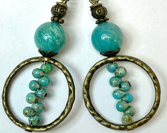 Vintage Chinese AMAZONITE Bead Dangle Hoop Earrings,Japanese Picasso Turquoise Fringe Glass Beads,Antiqued Brass Hoops,Brass Ear Wires