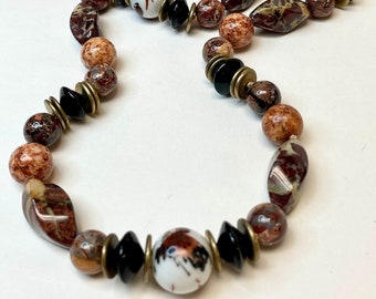 Vintage Chinese PORCELAIN CHICKEN Bead Knotted Necklace,Vintage Brecciated Jasper Beads, Vintage Fossil Stone, Sard Agate, Black Onyx Beads