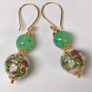 Vintage Chinese PORCELAIN White Pink Flower Peach Bead Dangle Earrings,Vintage 1940s Japanese Handmade Green Glass Beads,Bali Gold Ear Wires image 1