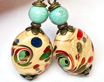 Vintage Chinese Lampwork Glass Spotted Bead Cream Red Blue Dangle Earrings,Vintage Chinese Natural Turquoise Beads,Antiqued Brass Ear Wires