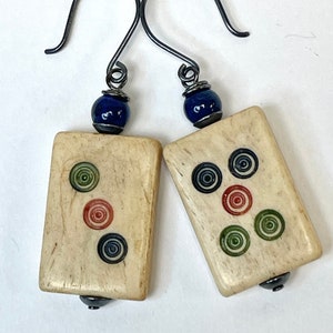 Vintage Majong Spiral Tile Bone Bead Dangle Earrings,Vintage Lapis Beads,Sterling Bead Cap, Handmade Oxidized Sterling Silver Ear Wires