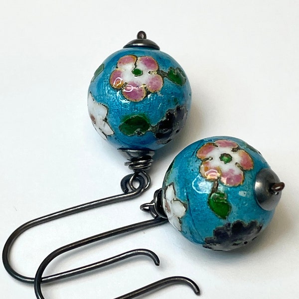 Vintage Chinese Cloisonne RARE CHAMPLEVE' TURQUOISE Dangle Bead Earrings Pink White Flowers Handmade Sterling Silver French Ear Wires