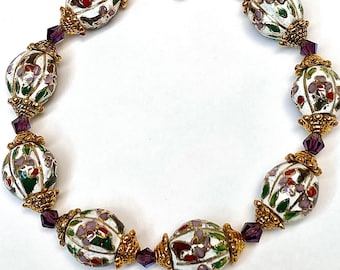 Vintage Chinese CLOISONNE RARE Oval FACETED White Bead Violet Flowers Bracelet, Iridescent Purple Faceted Crystal Beads, Gold Toggle Clasp