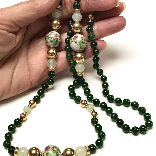 Vintage Nephrite Jade Bead Knotted Necklace,Vintage Chinese White Porcelain Pink Peaches Flower,Vintage Celadon Green Serpentine, Gold Beads