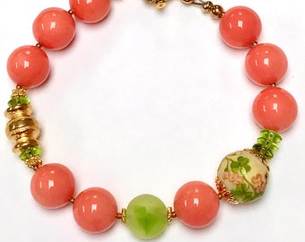 Vintage RARE CORAL CHALCEDONY Bead Bracelet,Vintage Japanese Flower Tensha Bead,Vintage German Lime Green Givre Glass Bead,Gold Clasp,