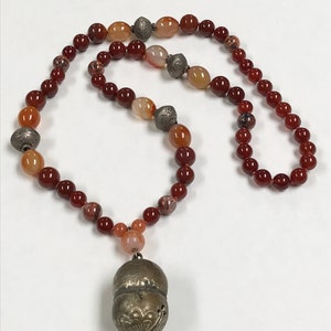 ANTIQUE CHINESE BELL Silver Repousse' Crotal Pendant Carnelian Knotted Bead Boho Necklace, Vintage Sard Agate,Vintage Salmon Quartz