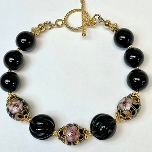 Vintage Chinese Rare GOLD CHAMPLEVE Cloisonne Bead Bracelet,Vintage Black Onyx Melon Beads,Bali Gold Vermeil Bead Cap,Bali Gold Toggle Clasp