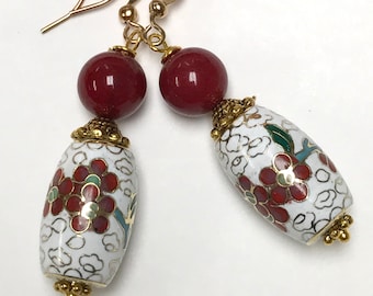 Vintage Chinese CLOISONNE Bead RARE BARREL White Dangle Drop Earrings Red Flowers Barrel Shape, Vintage Red Chalcedony,Gold Ear Wires