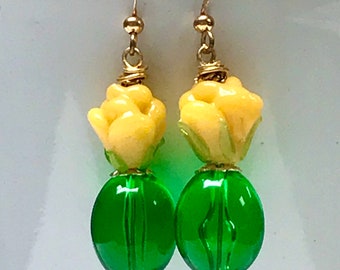Vintage Chinese Yellow Glass Flower & German Green Lucite Earrings, Gold Plated Wires