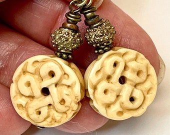 Vintage Chinese Carved BONE KNOT Bead Dangle Earrings,Vintage African Ornate Gold Wash Yoruba Nigeria Trade Beads,Oxidized Brass Ear Wires