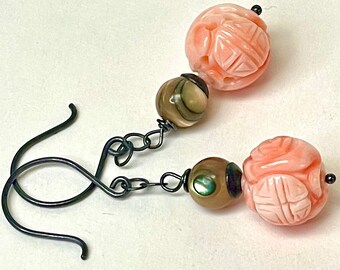 Vintage Pink ANGEL SKIN Precious Carved CORAL Dangle Eternity Shou Bead Earrings,Abalone,Handmade Oxidized Sterling Silver Ear Wires,Chain