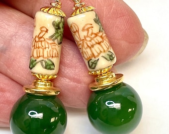 Vintage AAA Grade Nephrite Bead Dangle Earrings,Vintage Chinese Porcelain Calligraphy Barrel Beads, Bali Handmade 24K Gold Vermeil Ear Wires