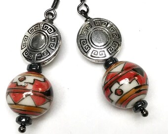 Vintage Chinese RARE PORCELAIN AZTEC Style Red White Black Dangle Drop Bead Earrings,Silver Plated Etched Medallions,Vintage Hematite Beads