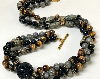 Vintage Chinese Carved Black Onyx Eternity Bead Knotted TRIPLE Strand Necklace,Tigereye,Gray Picture Jasper,Pyrite,Vintage German Glass,Gold