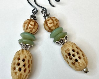 Vintage Chinese Pierced Bone Dangle Bead Earrings,Vintage Buffalo Horn,Bali Sterling Silver, Handmade Oxidized Sterling Silver Ear Wires