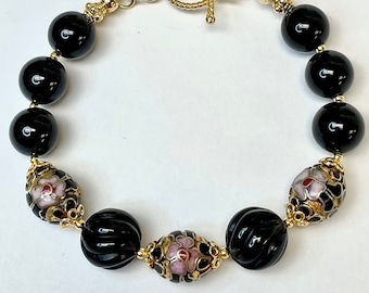 Vintage Chinese GOLD CHAMPLEVE Cloisonne Bead Bracelet,Vintage Black Onyx Melon Beads,Bali Gold Vermeil Bead Caps,Bali Gold Toggle Clasp
