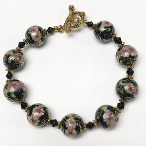 Vintage Chinese Black Cloisonne Bead Bracelet Pink Red Flowers,Vintage Black Crystal Beads, Gold Plated Toggle Clasp