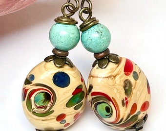 Vintage Chinese Lampwork Cream Red Glass Earrings, Natural Turquoise Beads, Antiqued Brass
