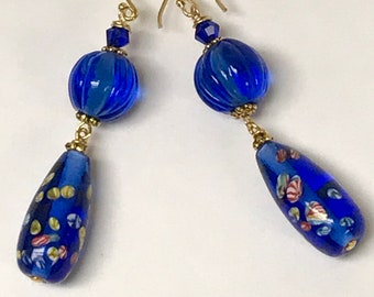 Vintage Japanese Glass MILLEFIORI COBALT BLUE Teardrop Bead Dangle Earrings,Vintage Chinese Peking Blue Melon Glass Bead,Bali Gold Ear Wires