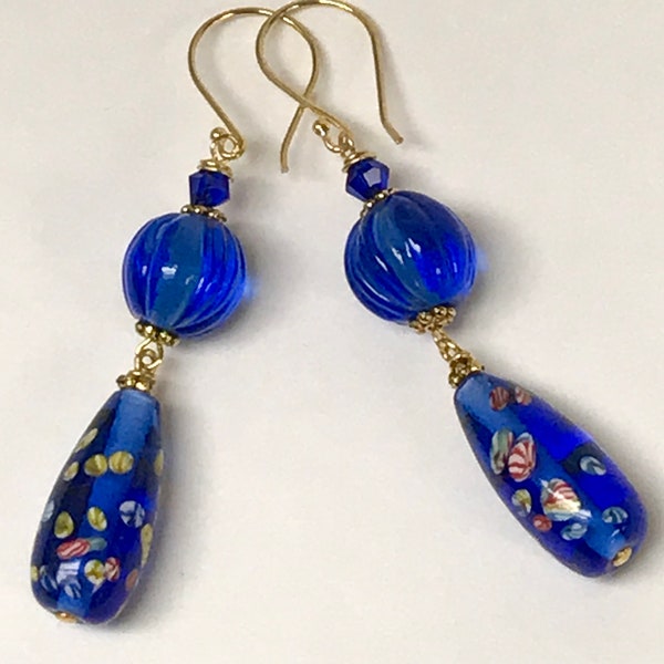 Vintage Japanese Glass MILLEFIORI COBALT BLUE Teardrop Bead Dangle Earrings,Vintage Chinese Peking Blue Melon Glass Bead,Bali Gold Ear Wires