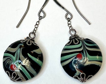 Vintage Chinese Lampwork Glass Black, Turquoise,Cinnabar Red Dangle Bead Earrings, Sterling Silver Chain,Oxidized Silver Ear Wires