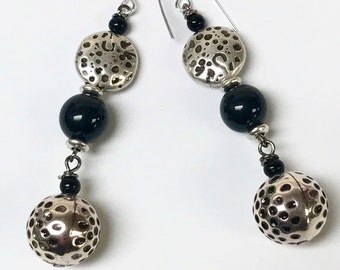 Vintage Japanese Silver Etched Bead Triple Earrings,Vintage Black Onyx Beads, Silver Long French Ear Wires