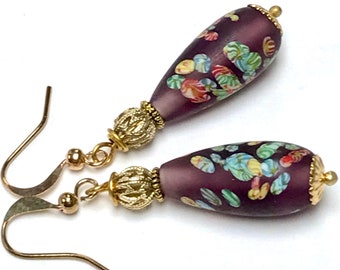 Vintage Japanese MILLEFIORI PURPLE Teardrop Glass Dangle Drop Bead Earrings, Vintage Gold Filigree Beads,Gold Ear Wires
