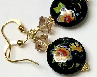 Vintage JAPANESE TENSHA Black IRIDESCENT Round Flat Flower Foil Bead Dangle Earrings,Vintage Topaz Bi-Cone Crystal Beads, Gold Ear Wires