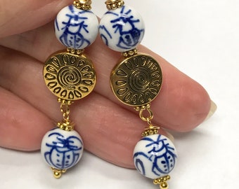 Vintage Chinese PORCELAIN LADYBUG BUTTERFLY Bead White Cobalt Blue Dangle Drop Earrings, Gold Plated Etched Circular Medallion Beads