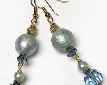 Vintage Japanese COTTON PEARL Silver Blue Earrings,Vintage Blue Crystal Bead, Vintage Blue Lucite Pearl,Gold Filled Filigree Bead, Ear Wires