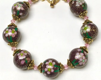 Vintage Chinese PURPLE CLOISONNE Bead PINK Flowers Bracelet, Vintage Swarovski Pink Crystal, Ornate Gold Bead Caps,Gold Toggle Clasp