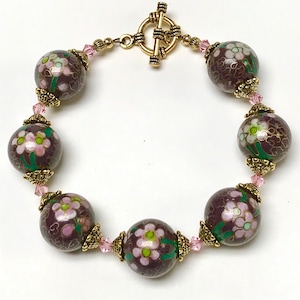 Vintage Chinese PURPLE CLOISONNE Bead PINK Flowers Bracelet, Vintage Swarovski Pink Crystal, Ornate Gold Bead Caps,Gold Toggle Clasp