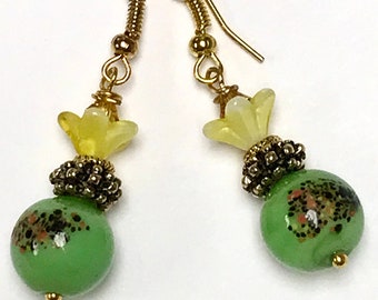 Vintage Japanese Millefiori Glass Bead Lime Green Black Flower Earrings, Vintage German Yellow Pressed Glass Flower Bead, Amber Crystal Bead