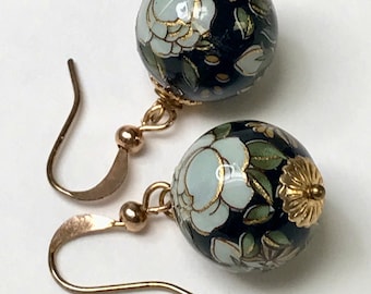 Vintage Japanese TENSHA WHITE ROSE Black Gold Foil Bead Earrings Black Dangle Drop , Gold French Ear Wires