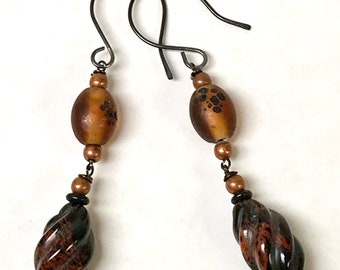 Vintage Obsidian Twist Bead Earrings, Japanese Topaz Glass, Handmade Oxidized Silver Wires
