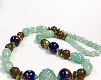 Vintage Chinese PORCELAIN Painted KOI FISH Bead Cobalt Blue Knotted Necklace, Vintage Carved Mint Green Aventurine Beads,Vintage Bronze Bead