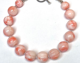 Vintage ANGEL SKIN AAA Grade Precious Coral Bead Pink Bracelet, Vintage Carved Pink Coral, Handmade Bali Sterling Silver Toggle Clasp