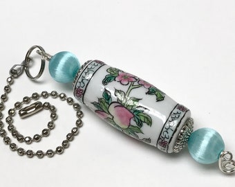 Vintage Chinese PORCELAIN FAN PULL White Barrel Shaped Bead Pink Flowers Lime Green Fruit, Vintage Japanese Aqua Silk Beads, Silver