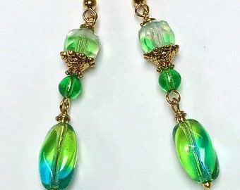 Vintage German Glass OPALITE Emerald Blue Green Oval Twist Bead Earrings Dangle Drop, Vintage Faceted Mint Green Givre Glass, Gold Ear Wires