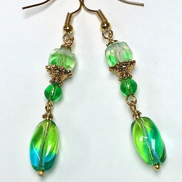 Vintage German Glass OPALITE Emerald Blue Green Oval Twist Bead Earrings Dangle Drop, Vintage Faceted Mint Green Givre Glass, Gold Ear Wires