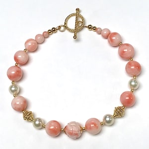 Vintage Pink ANGEL SKIN Coral Shou ETERNITY Dangle Bead Earrings,Vintage Akoya Pearls,Handmade Bali 24k Vermeil Gold Beads and Toggle Clasp