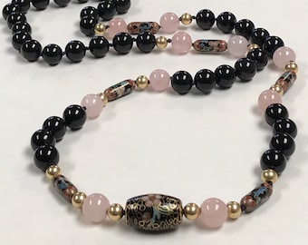 Vintage Chinese Black Cloisonne Bead Knotted Necklace,Vintage Black Onyx,Vintage Rose Quartz Beads, Vintage Gold Filled Beads