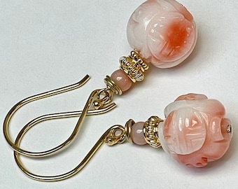 Vintage ANGEL SKIN Pink CORAL Eternity Carved Shou Bead Earrings,Handmade Bali 24K Gold Vermeil Ornate Beads and French Ear Wires 3.1 grams