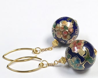 Vintage Chinese LARGE Cloisonne Cobalt Blue Focal Bead Dangle Earrings ,Gold Chain,Bali 24K Gold Vermeil Beads + Ear Wires + Bead Caps