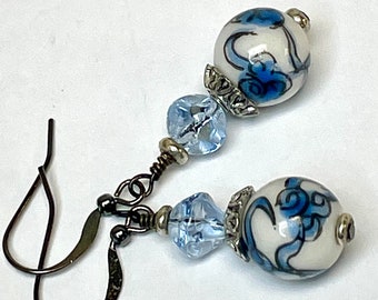 Vintage Chinese Porcelain Bead Blue White Flower Dangle Drop Bead Earrings ,Vintage 1950s German Blue Pinched Glass Bead,Silver Ear Wires