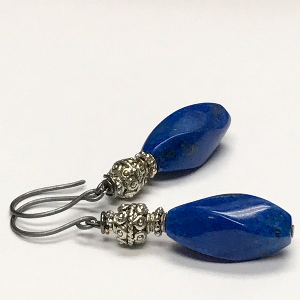 Vintage AAA LAPIS LAZULI Gem Bead Earrings Oval Twist Dangle, Bali Style Silver Bead,Oxidized Handmade Sterling Silver Ear Wires