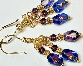 Vintage Rare German Glass Cobalt BLUE DICHROIC PURPLE Oval Twist Bead Cluster Dangle Earrings, Bali 24k Gold Vermeil Beads, Ear Wires