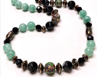 Vintage Chinese Rare CLOISONNE GOLD CHAMPLEVE Knotted Bead Necklace,Vintage Aventurine Green ,Vintage Black Onyx Dice Beads, Black Crystal