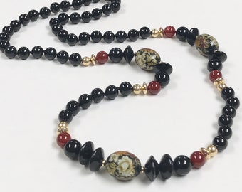 Vintage Japanese Floral Tensha Bead Knotted Necklace, Vintage Carved Abacus Black Onyx Beads, Vintage Carnelian Beads, Gold Filled Beads